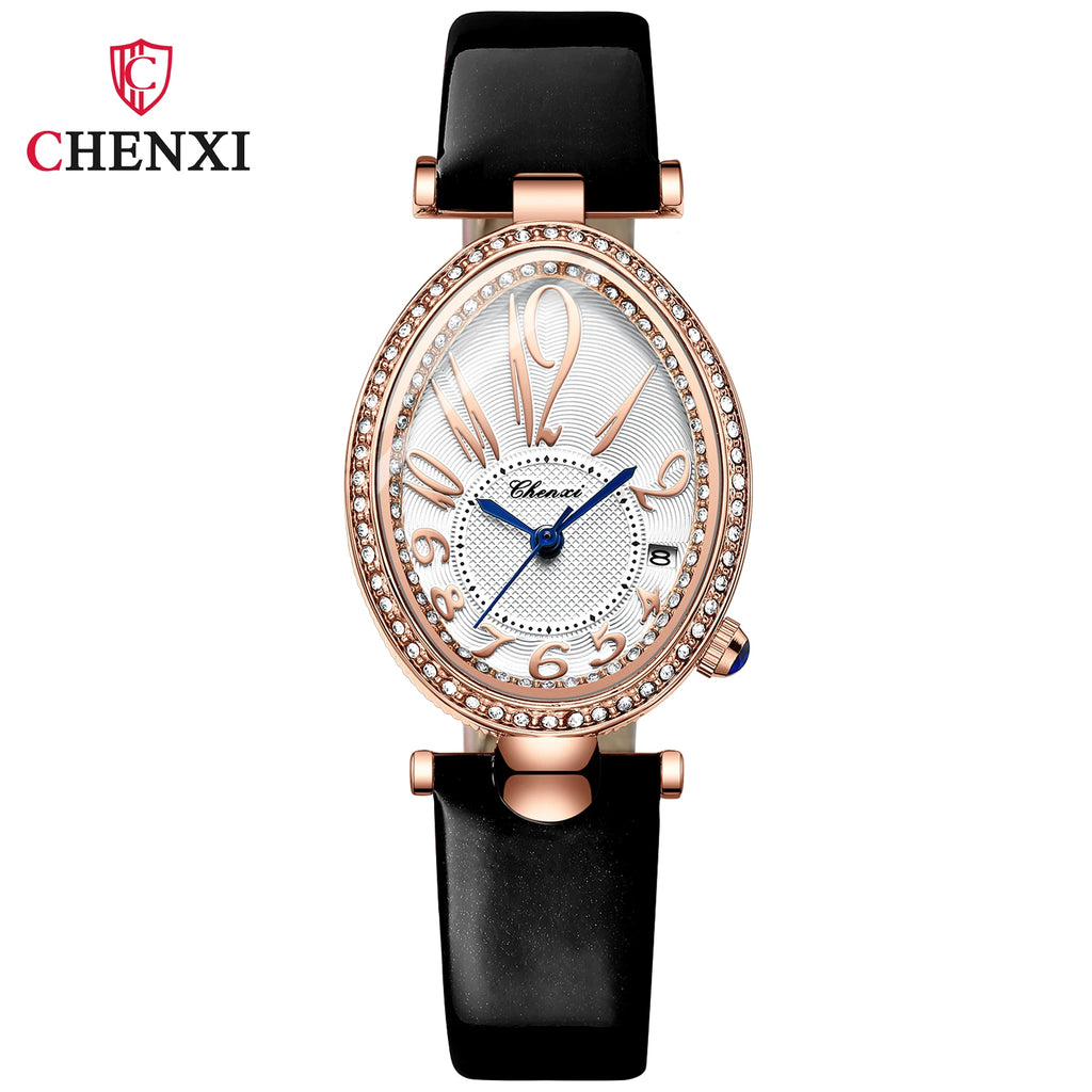 Luxury Watch For Women Diamond Waterproof Quartz Ladies Watches Fashion Elegant Oval Calendar Wristwatche Leather Strap - Sun Studio