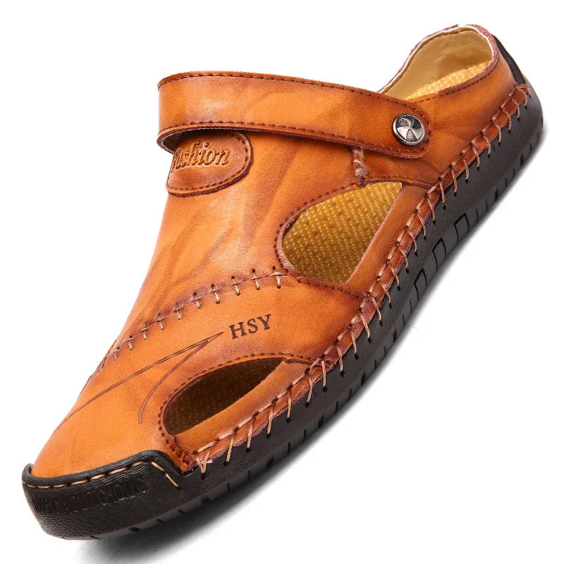 Large Size Men's Sandals Casual Leather Beach Shoes Breathable Slip-On Durable Stitched Construction Comfortable Walking Sandals