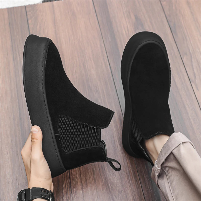 Fashion Brand Men Genuine Leather Mid Top Boots with British Style Autumn Winter Men Anti Slip and Wear-resistant Chelsea Boots - Sun Studio