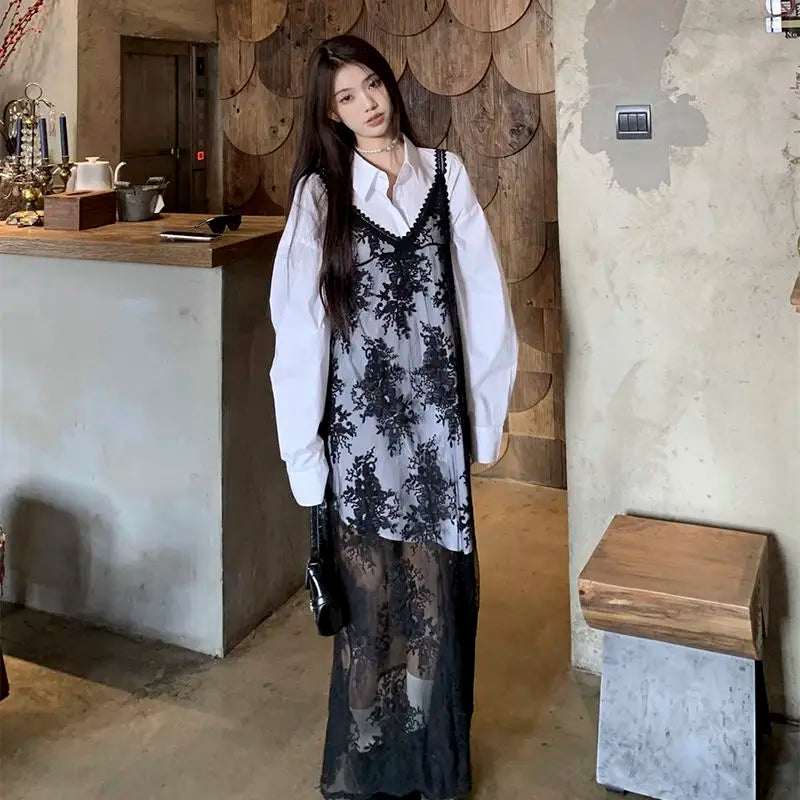 Solid Dresses Women Summer Girls Embroidery Lace Designed Korean Style Layering Streetwear Prevalent Attractive Leisure Trendy - Sun Studio