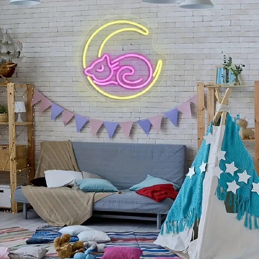 Anime Cat & Moon Neon Sign for Wall Art Arcade Decor, LED Night Lights Home Decor for Game Room Sign,Bedroom, Living Room, Bars - Sun Studio