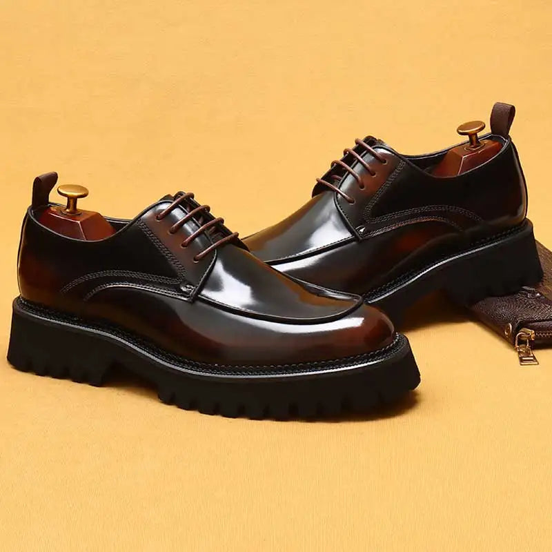 designer men's leather shoes with thick soles round toe glossy leather business dress shoes Waxed cowhide lace up British shoes - Sun Studio