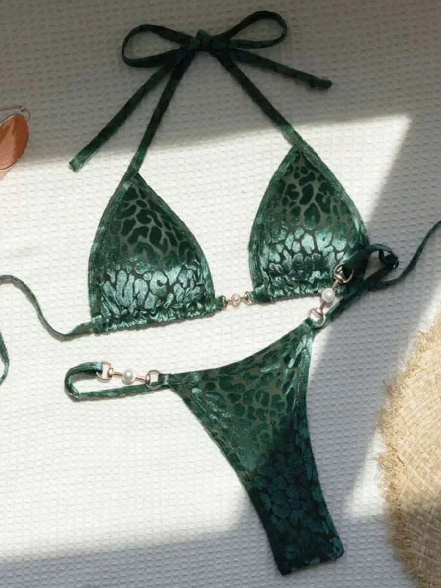 Sexy Leopard Velvet Bikini Mini Micro Thong Bikinis Women Swimwear Female Swimsuit Two-piece Bikini Set Halter Bathing Suit Swim - Sun Studio