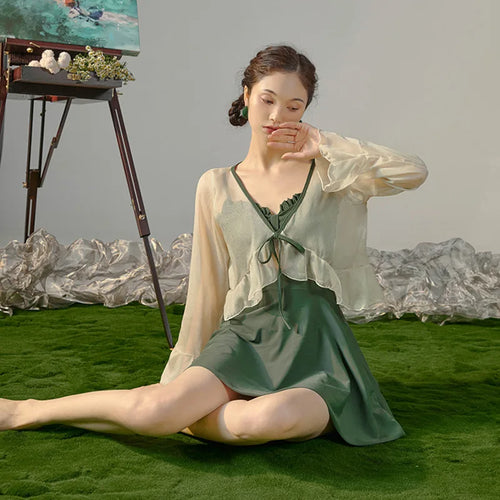 2025 New Swimsuit for Women Conservative Belly Covering and Slimming Hot Spring Super Fairy Cover Long Sleeves - Sun Studio