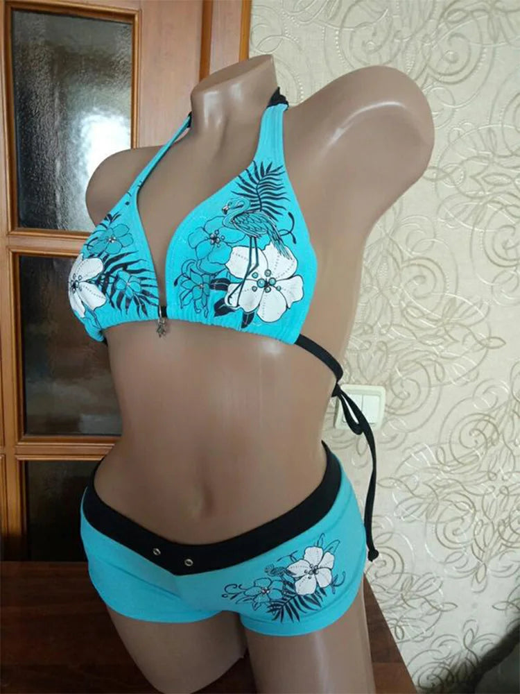 Vintage Flower print Cutie set Bikini 2000s Swimsuit Sexy Women Bathing Fashion Halter Strap Swimwear High Street Beach Female - Sun Studio