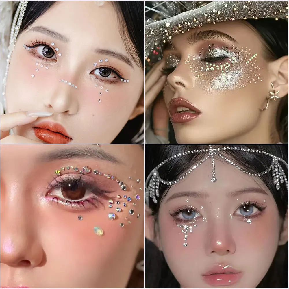 162/216/900pcs Eye&Face&Body Diamond Tattoos Stickers 3/4/5/6mm Colored Glitter Rhinestone Tattoo for Party Makeup Gem Accessory - Sun Studio