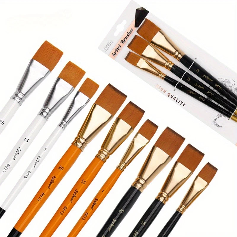 3pcs/Set Oil Painting Brushes-Wooden Mini Flat Nylon Paint Brush Set,Watercolor Brush for Body Painting Brush,Acrylic Art Paint - Sun Studio