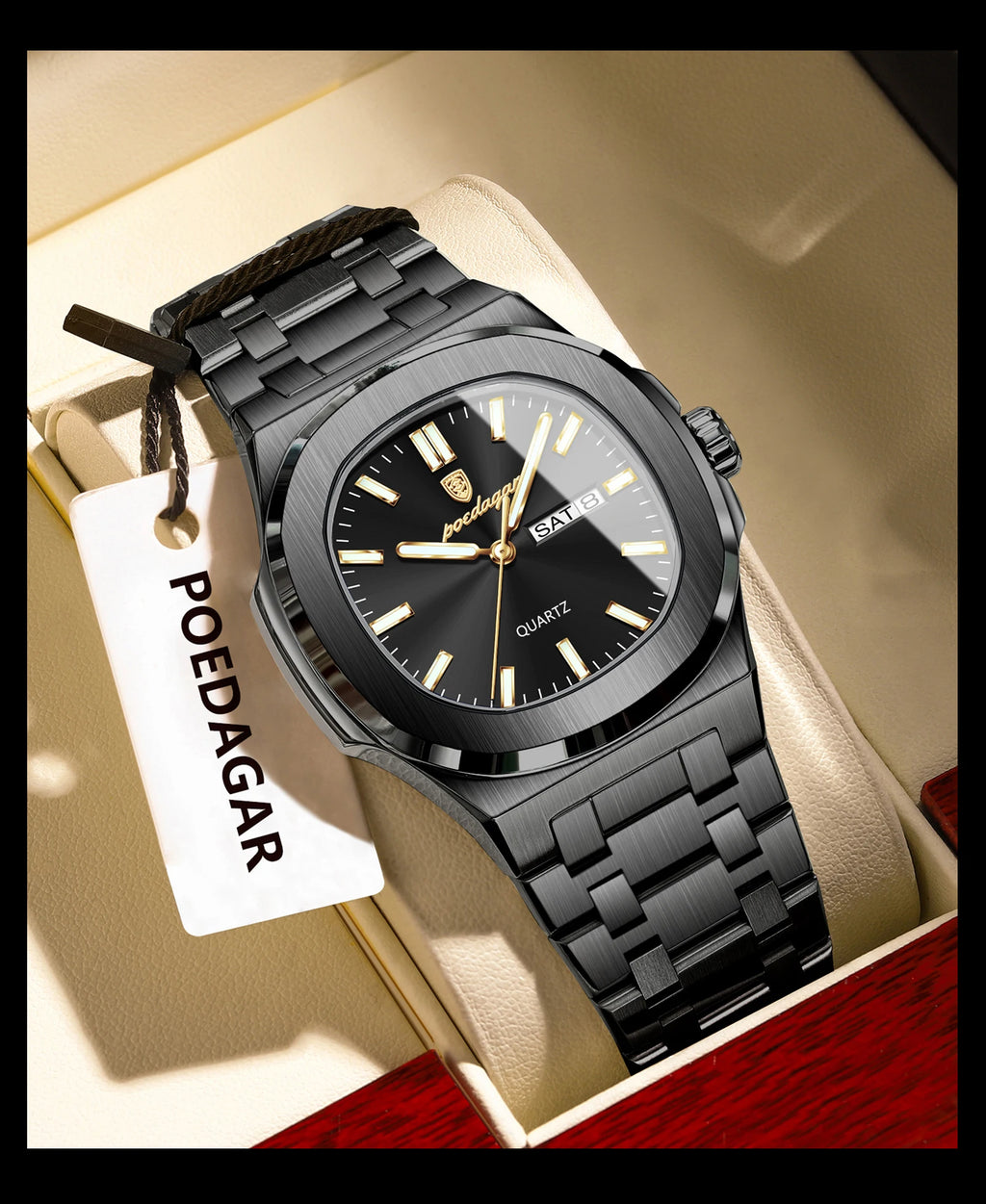 POEDAGAR Luxury Square Men's Watches Waterproof Luminous Date Week Men Watch Stainless Steel Fashion Quartz Man Wristwatch Reloj - Sun Studio