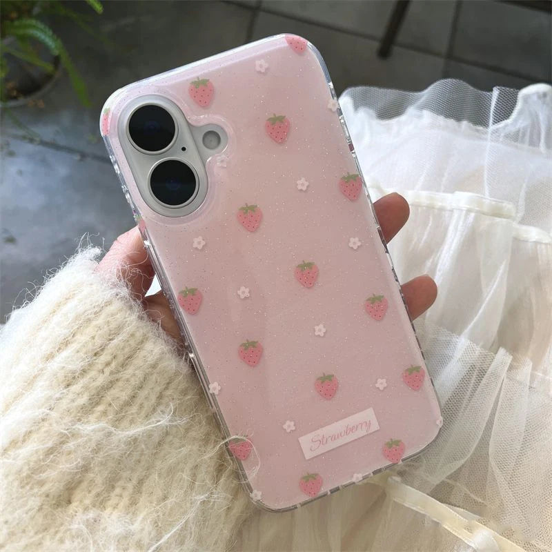 Japan Korean Ins Sparkling Pink Flowers Strawberry Minimalism Phone Case For iPhone16 15 14 13 12 11Pro Max Plus Anti Fall Cover - Sun Studio