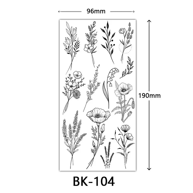 Rose Blossom Tattoo Temporary Waterproof Butterfly Fake Tattoo for Woman Black Flower Sketch Tattoo Sticker