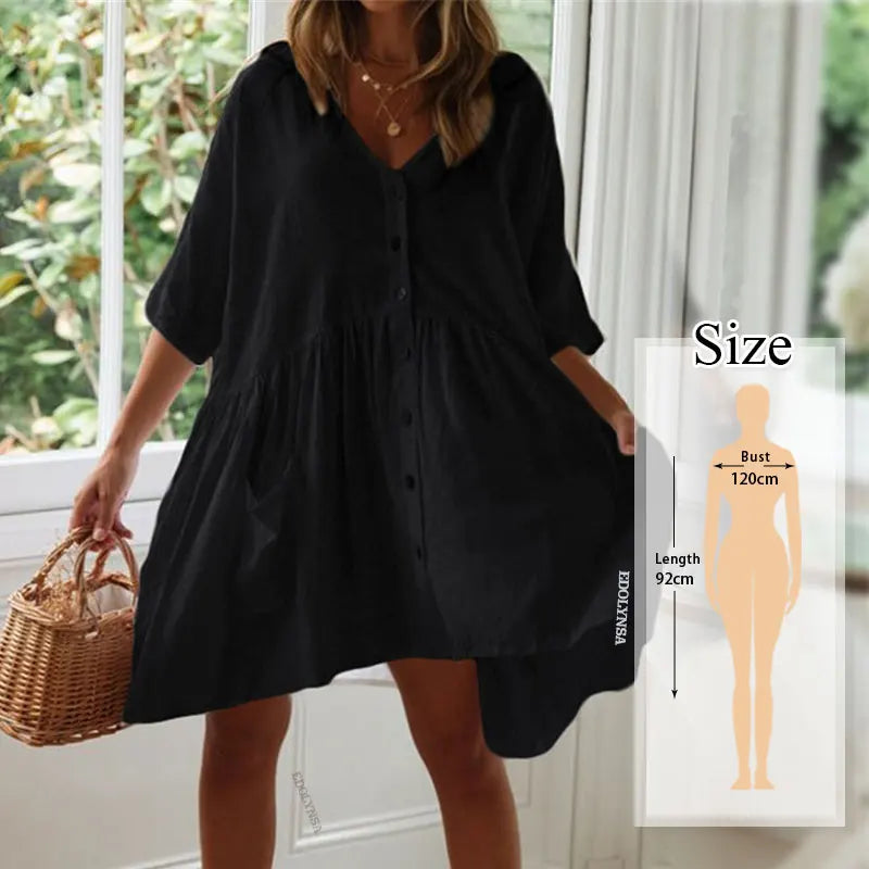 Women Summer Fashion Beach Tops Swimsuit Cover Up Summer Long Sleeve White Pocket Button Front Open Shirt Dress N648 - Sun Studio