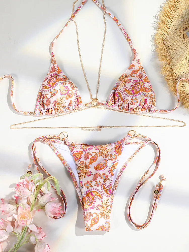 Sexy Triangle Chains Bikini Sets Micro Thongs Swimsuit Women Bathing Suit Biquini Bandage Beachwear Print Swimwear Thong Bikini - Sun Studio