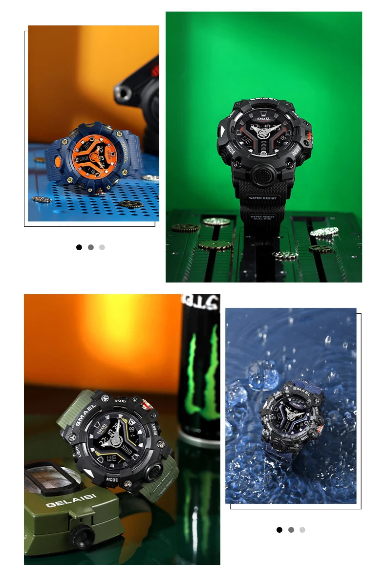 New SMAEL Sport Watch for Man Dual Time Watch for Men Shock Resistant Led Light Watch Military 8075 Quality Mens Sports Watches - Sun Studio