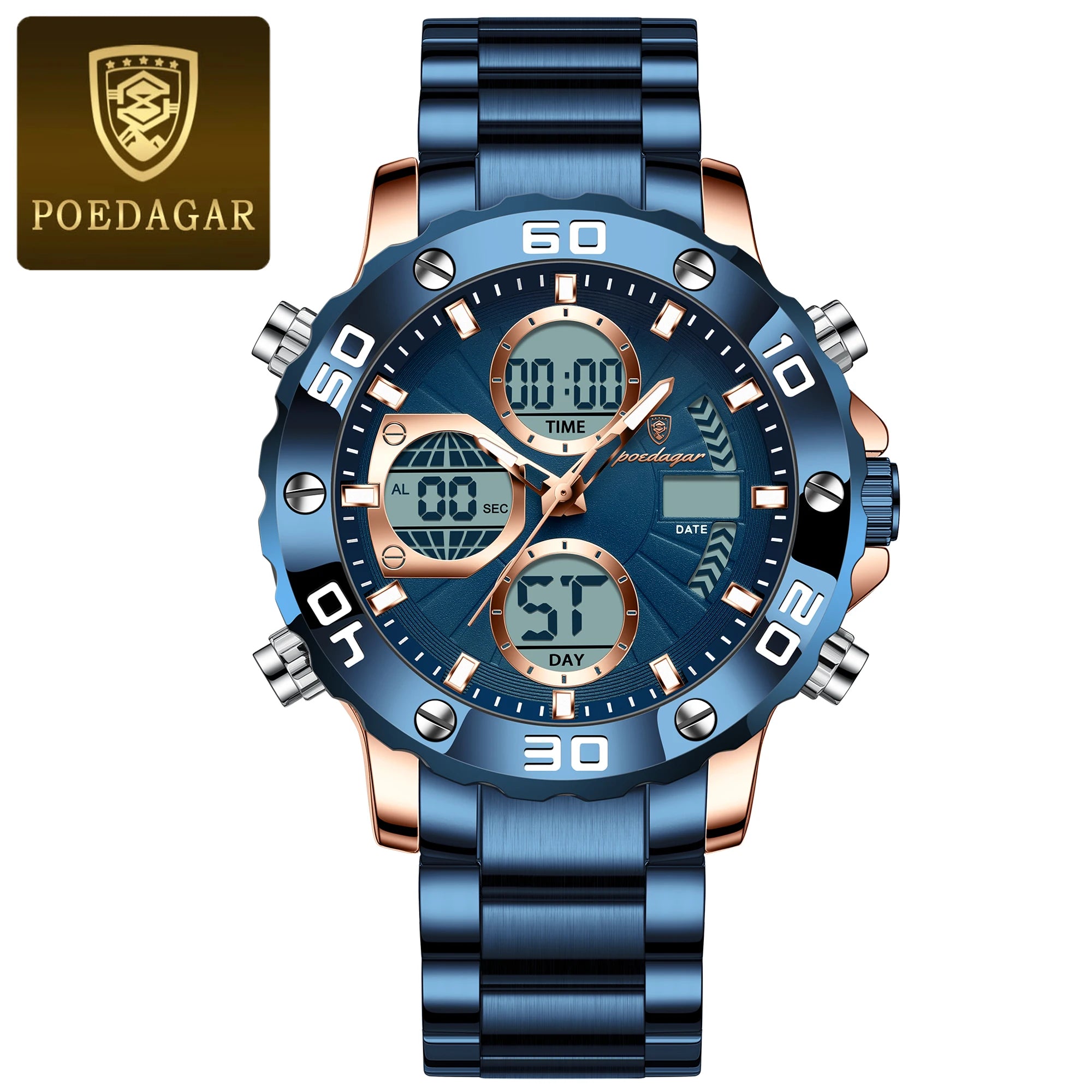 POEDAGAR Military Men's Quartz Wristwatch LED Alarm Dual Display Men Watch Electronic Waterproof Outdoor Sports Watches for Men - Sun Studio