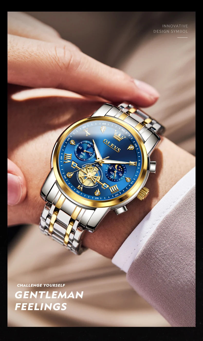 OLEVS Men's Watches Classic Multifunctional Flywheel Design Stainless steel Waterproof Moon Phase Men's Wristwatches 2024 Trend - Sun Studio