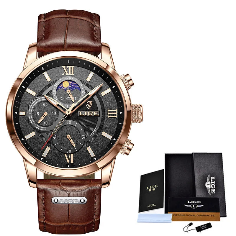 LIGE 2024 Brand New Men's Watches Leather Chronograph Waterproof Sports Automatic Date Quartz Watches for Men Relogio Masculino - Sun Studio