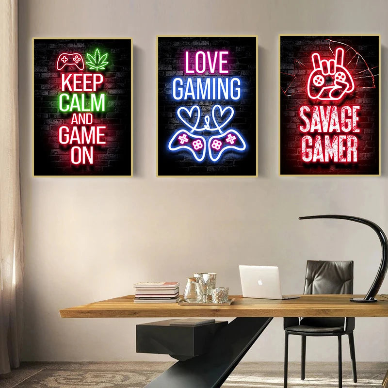 Gaming Gamer Quotes Neon Poster Vintage Gamepad Symbol Quote Canvas Painting Wall Art for Game Room Home Club Decor Mural - Sun Studio