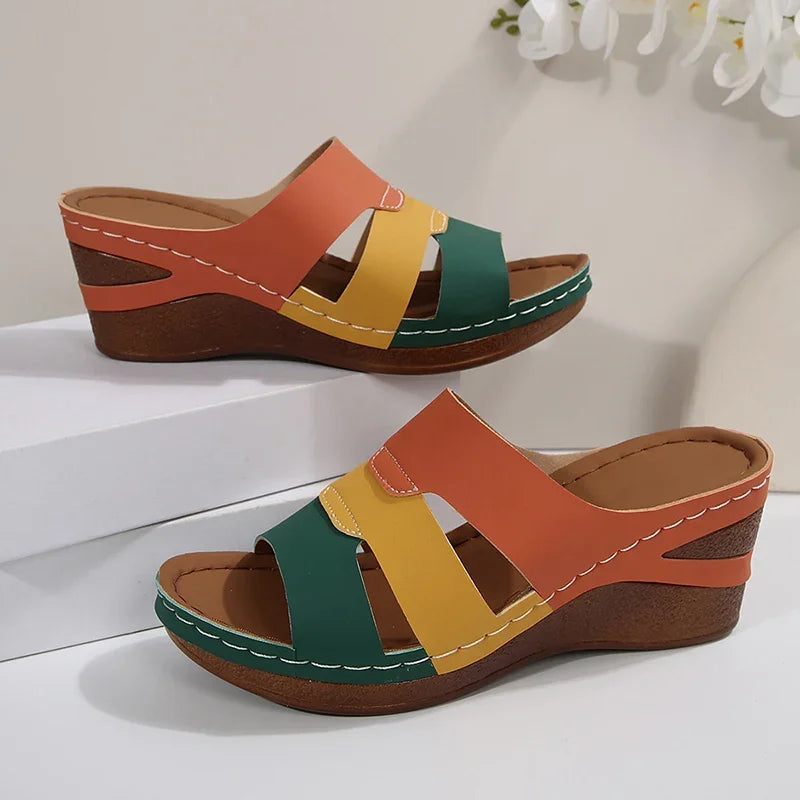 Summer Contrast Color Wedge Sandals for Women 2025 Comfortable Thick Sole Beach Slippers Woman Casual Anti Slip Outdoor Slides - Sun Studio