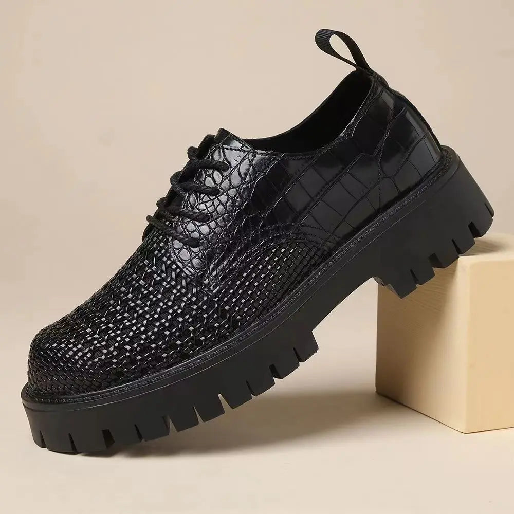 Spring leather woven leather wear-resistant thick-soled heightening casual men's first-layer cowhide breathable hollow shoes - Sun Studio