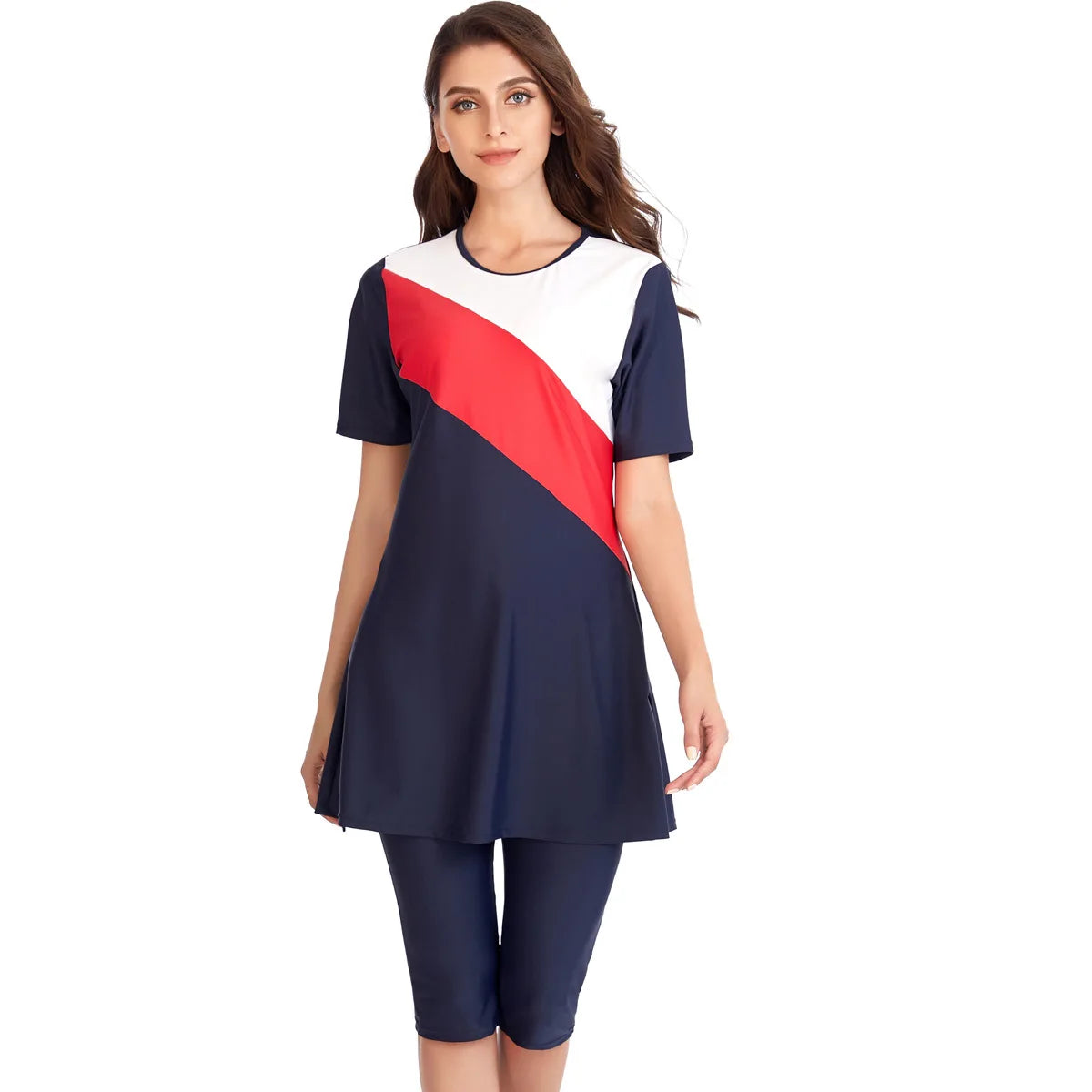 Short Sleeve Muslim Swimwear for Women, Modest Patchwork Hijab, Sport Swimsuit, Islamic Burkinis, Bathing Suit - Sun Studio