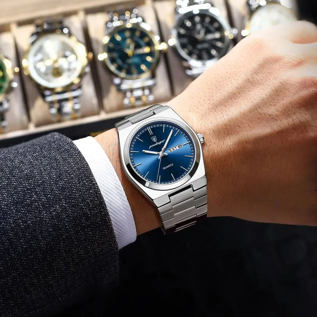 POEDAGAR Luxury Watch For Man Waterproof Luminous Date Week Stainless Steel Men Watch Casual Quartz Men's Watches Male Clock+box - Sun Studio
