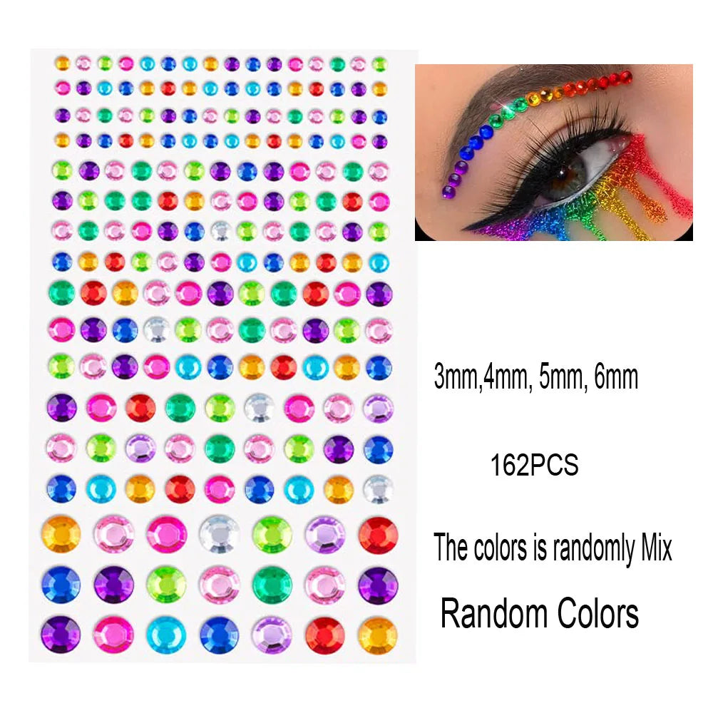 162/216/900pcs Eye&Face&Body Diamond Tattoos Stickers 3/4/5/6mm Colored Glitter Rhinestone Tattoo for Party Makeup Gem Accessory - Sun Studio
