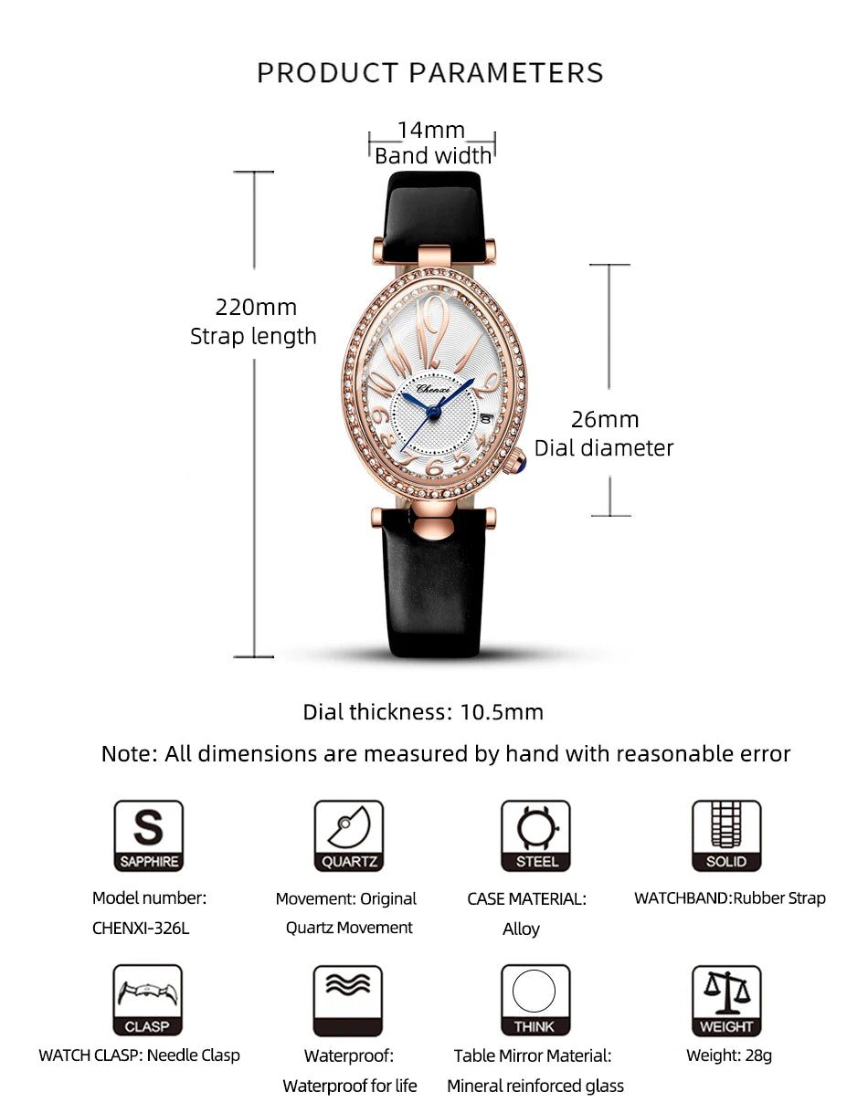 Luxury Watch For Women Diamond Waterproof Quartz Ladies Watches Fashion Elegant Oval Calendar Wristwatche Leather Strap - Sun Studio