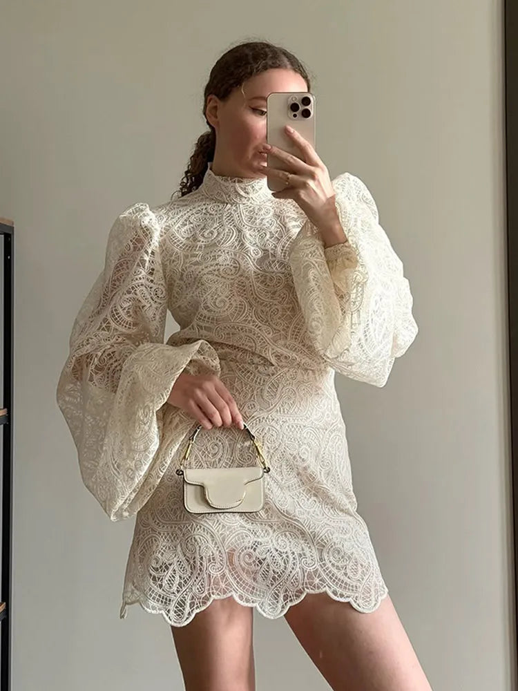 White Lace Dresses Elegant Solid Flared Sleeve High Neck Slim Pleat Mini Women Dress 2026 New Fashion Club Evening  Party Robes - Sun Studio