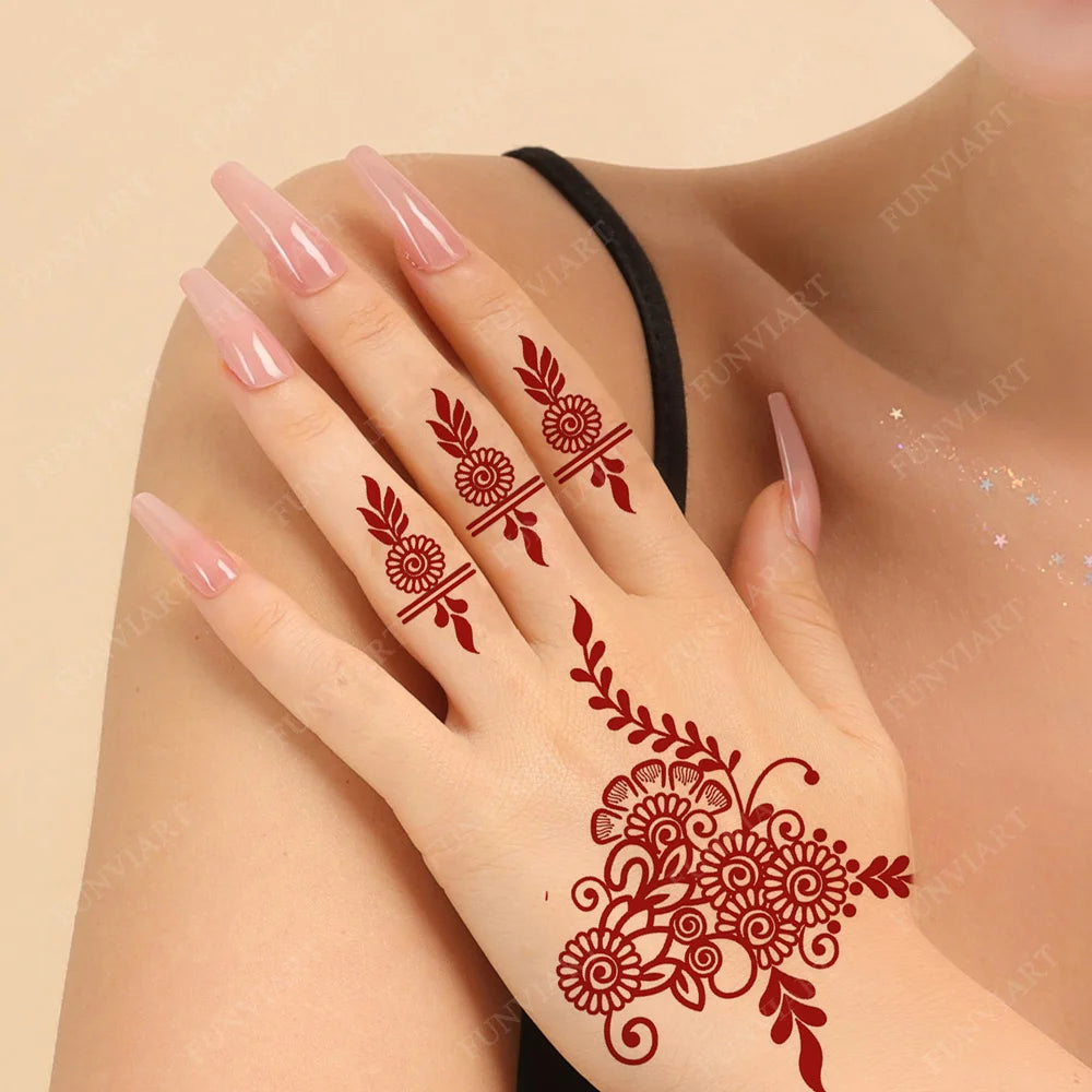 Brown Henna Tattoo Stickers for Hand Foot Waterproof Temporary Tattoos for Women Maroon Color Fake Tattoo for Wedding Body Art - Sun Studio