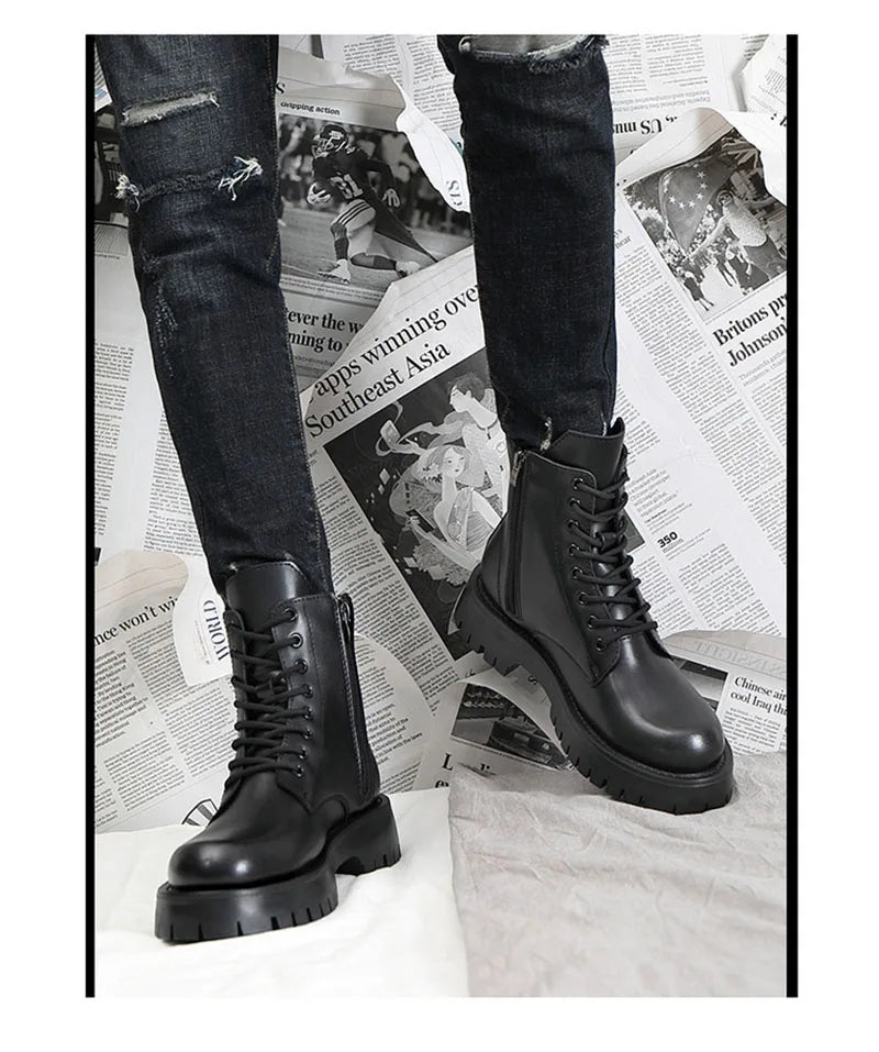 2025 Autumn Winter Shoes Men Leather Boots Thick Sole Non-slip Warm Plush Cold Winter Cow Leather Male Ankle Botas Black KA4867 - Sun Studio