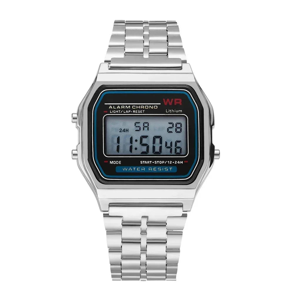 Women Casual LED Electronic Watch Man Retro Stainless Steel Watches for Women Unisex LED Digital Watch Multifunction Wristwatch - Sun Studio