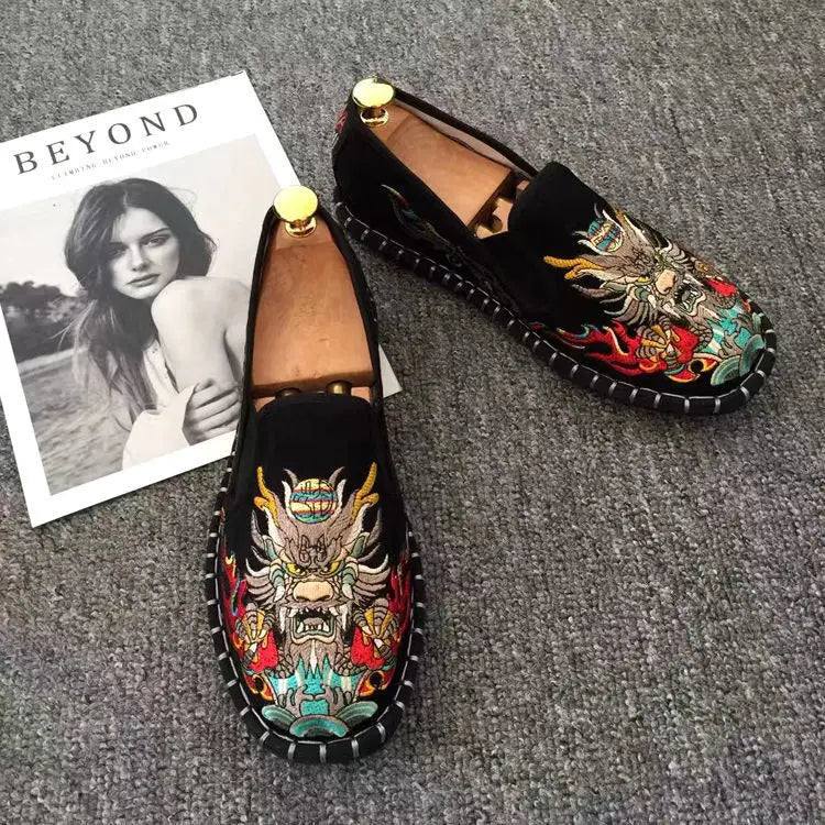 Old Beijing Cloth Shoes Embroidery Flower Social Guy Male Moccasin-Gommino Student Casual Shoes Fashion National Chinese Style