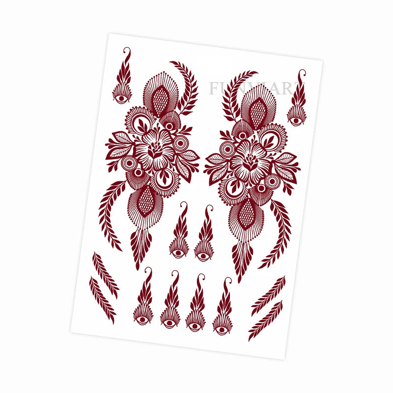 Wasserdichtes Blumen Hand Tattoo für Frauen Maroon Henna Tattoo Aufkleber für Hand Finger Körperkunst Einweg Fake Tattoo Festival