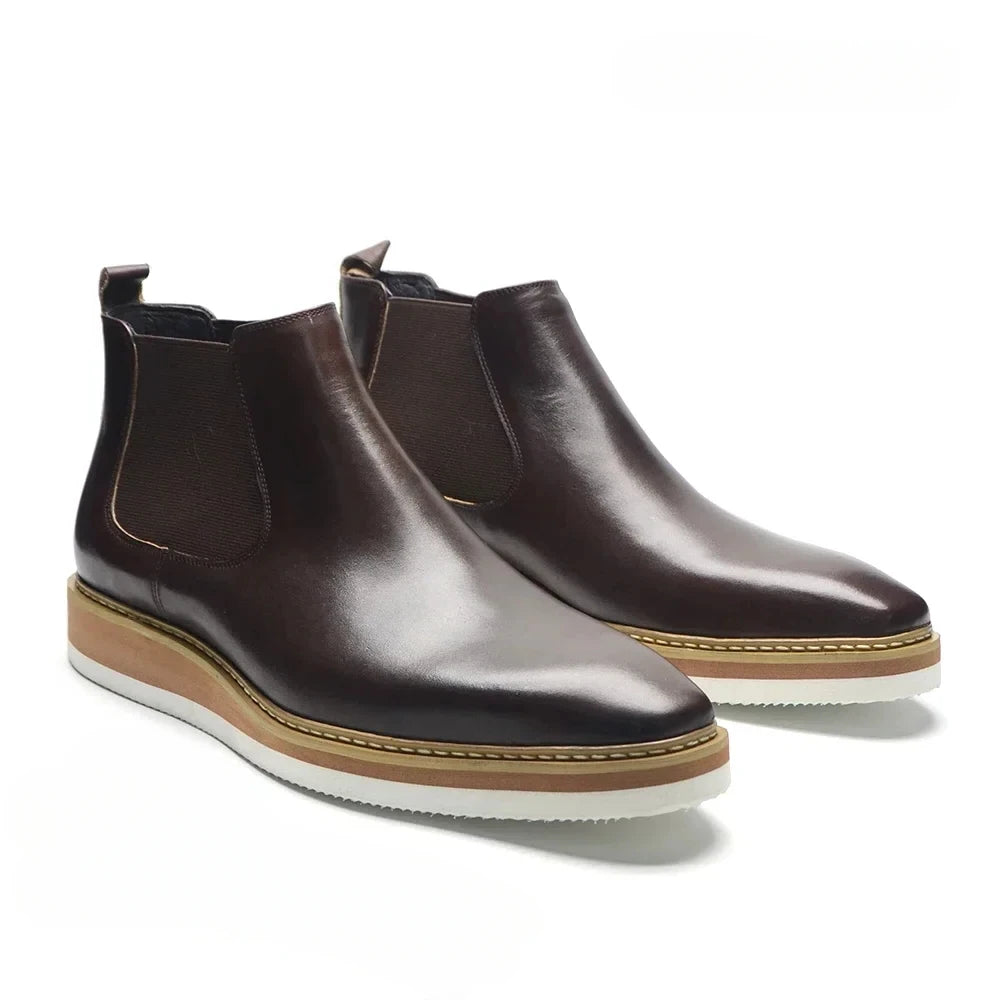 British Style Cow Genuine Leather Men's Chelsea Ankle Boots Slip-on Elastic Band High Top Sneakers Casual Dress Boot for Men
