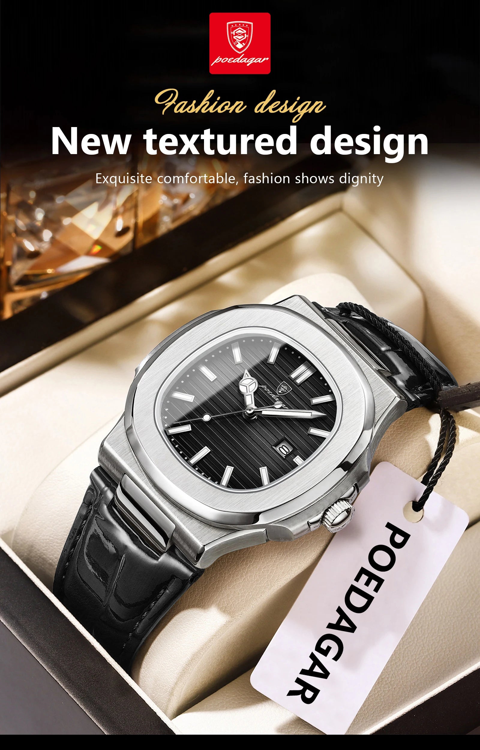 POEDAGAR Original Fashion Men's Wristwatch Date Waterproof Luminous Leather Watches For Men High Quality Square Quartz Man Watch - Sun Studio