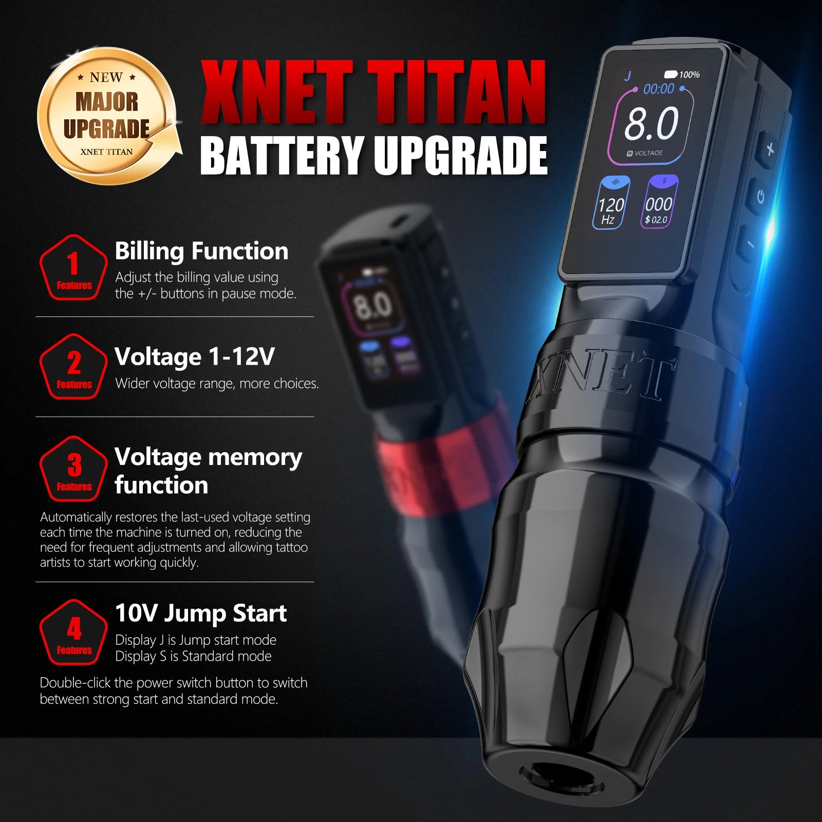 Xnet Titan Max Wireless Tattoo Machine Rotary Pen Coreless Motor 2400m Multi-Function Touchscreen Battery 1-12V for Artist Body - Sun Studio