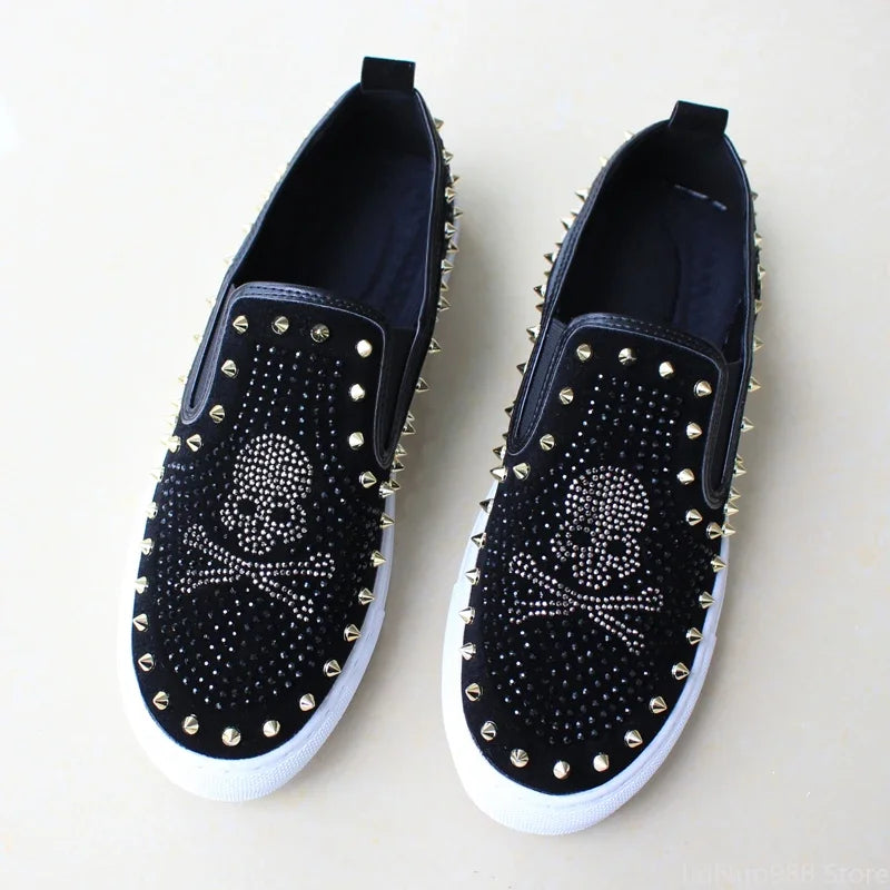 2025 New Shoes for Men Tide Leather Casual Shoes Spring Autumn Cool Skull Rivet Flat Shoes Leisure Slip-on Loafers - Sun Studio