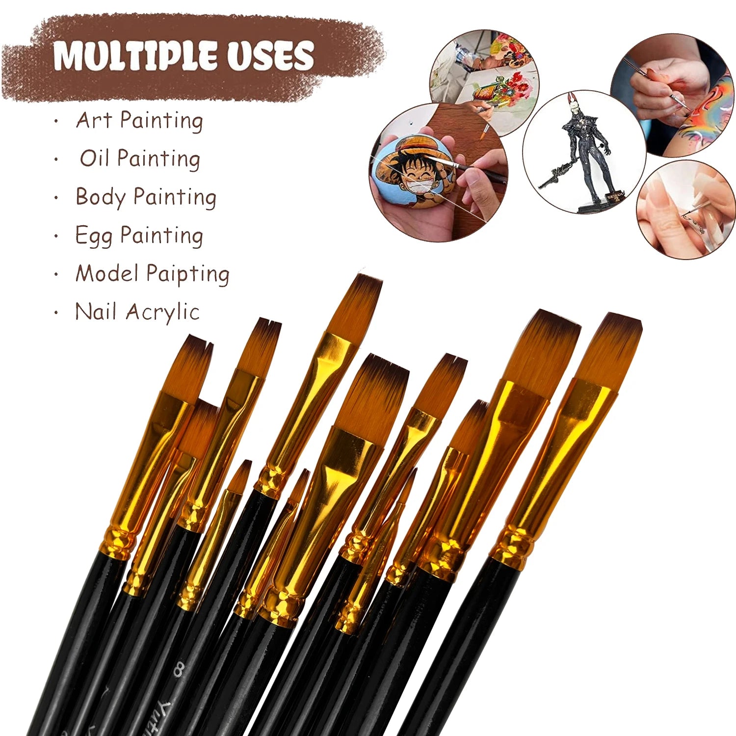 12pcs Flat Paint Brushes Set, Synthetic Nylon Bristles, Professional Artist Brushes for Oil, Acrylic, Watercolor Painting - Sun Studio
