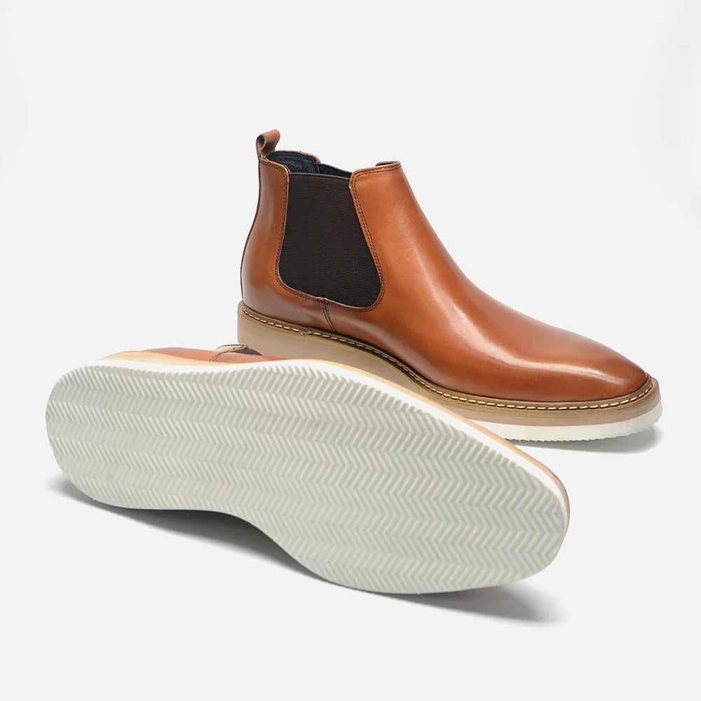 British Style Cow Genuine Leather Men's Chelsea Ankle Boots Slip-on Elastic Band High Top Sneakers Casual Dress Boot for Men