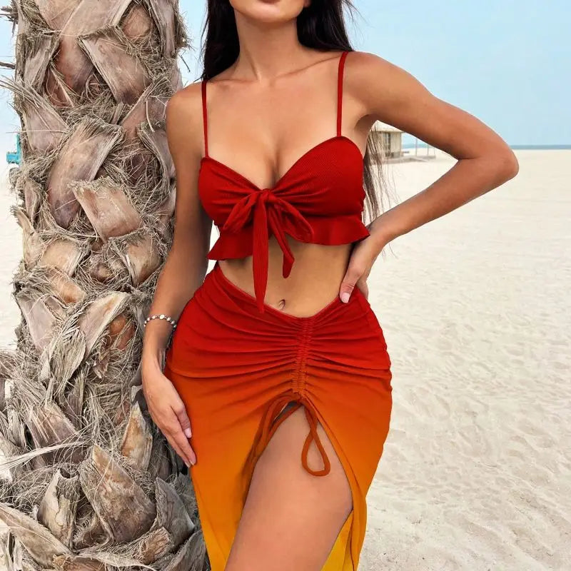 Cikini Sexy Gradient Color Three Piece Swimsuit Mesh Bikinis Set Summer Beach Swimwear Bathing Suit For Women - Sun Studio