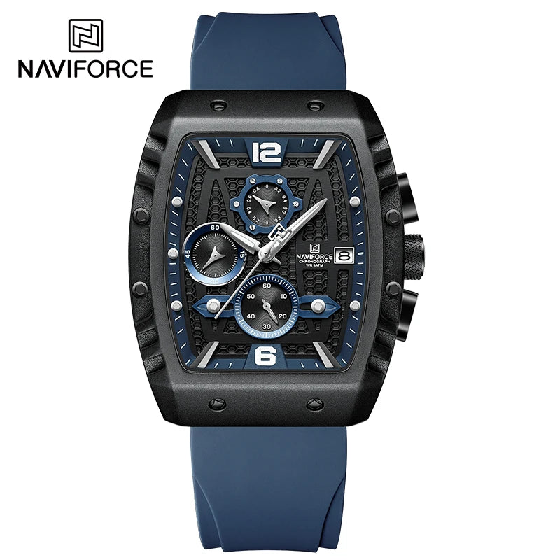 NAVIFORCE Creative Barrel-Shaped Dial Men Watches Fumed Silica Strap Waterproof Quartz Chronograph Date Display Male Wrist Watch