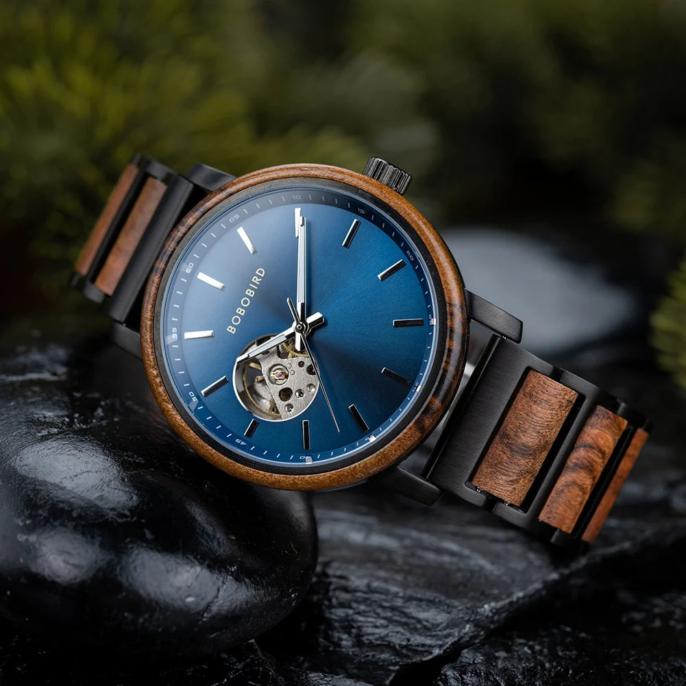 BOBO BIRD New Mechanical Watches for Men Luxury Wood and Stainless Steel Skeleton Customized Automatic Watch relojes mecánicos - Sun Studio