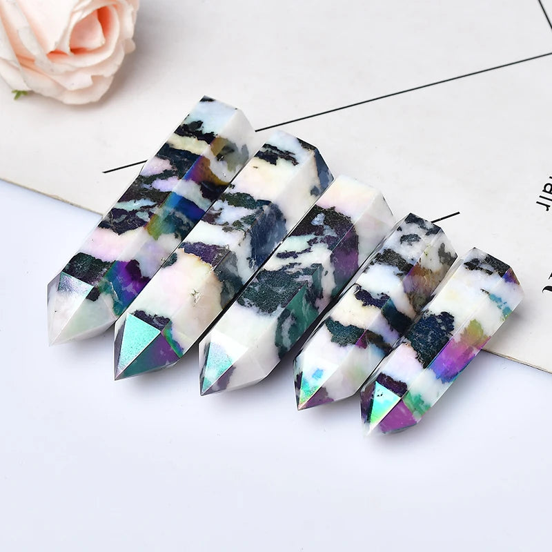 Natural Aura Stone Crystal Point Healing Obelisk Black and White Zebra Quartz Wand Beautiful Ornament for Home Decor Pyramid - Sun Studio