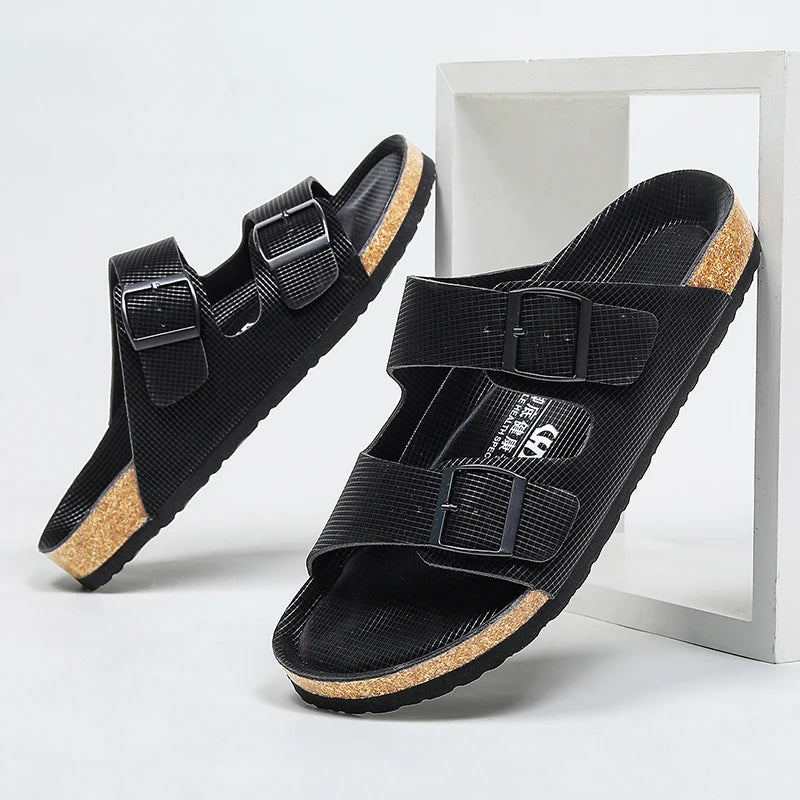 Summer Men Cork Slippers Slides Clogs Casual Slip On Sandals Double Buckle Women Microfiber Leather Unisex Big Size 47 48 49 - Sun Studio