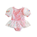 FOCUSNORM 1-5Y Kids Girls Summer Swimsuit Mermaid Skin Printed Mesh Patchwork Short Puff Sleeve Jumpsuits Beachwear - Sun Studio