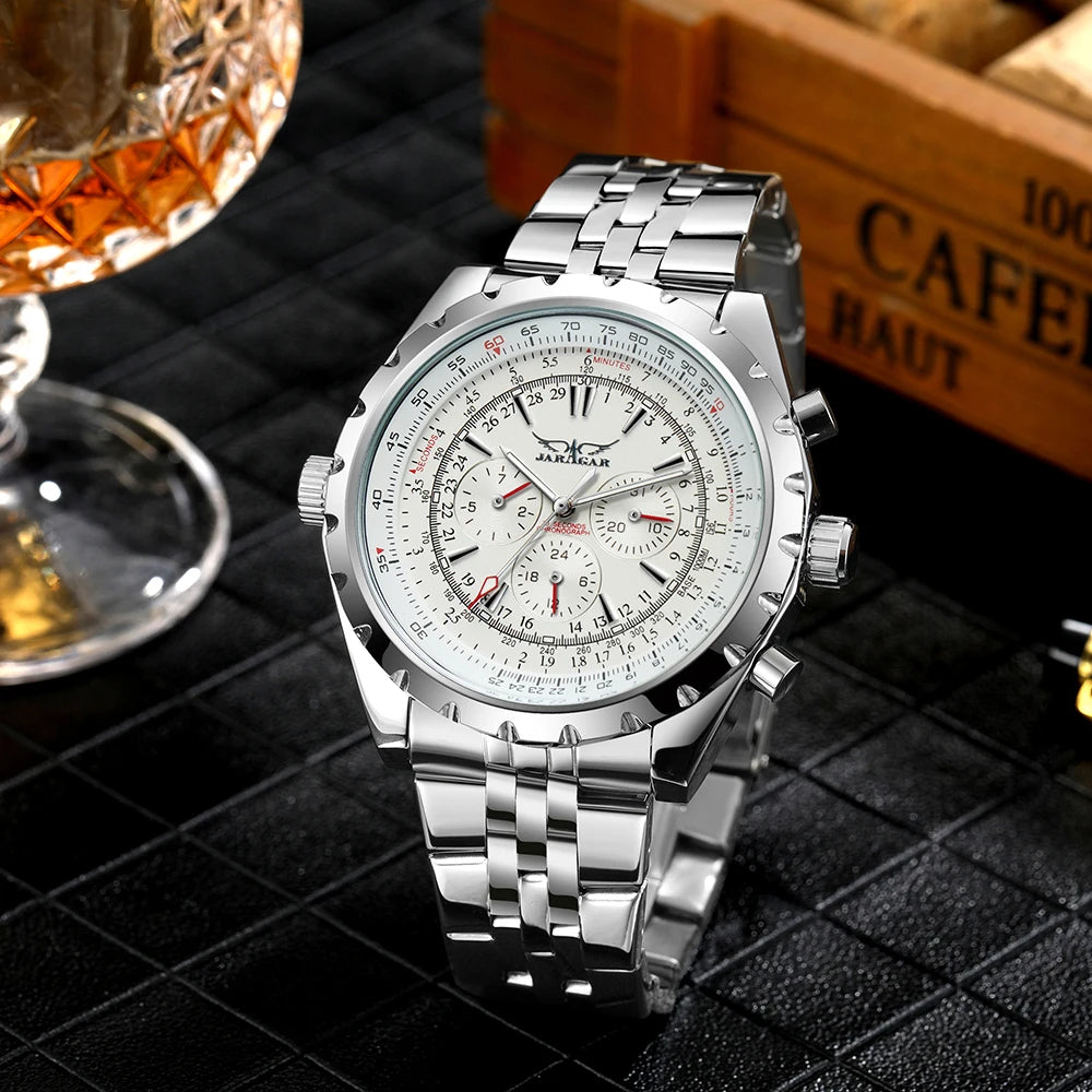 JARAGAR Sports Mens Watches Top Brand Luxury Automatic Mechanical Watch for Men Silver Stainless Steel Strap Military Wristwatch - Sun Studio