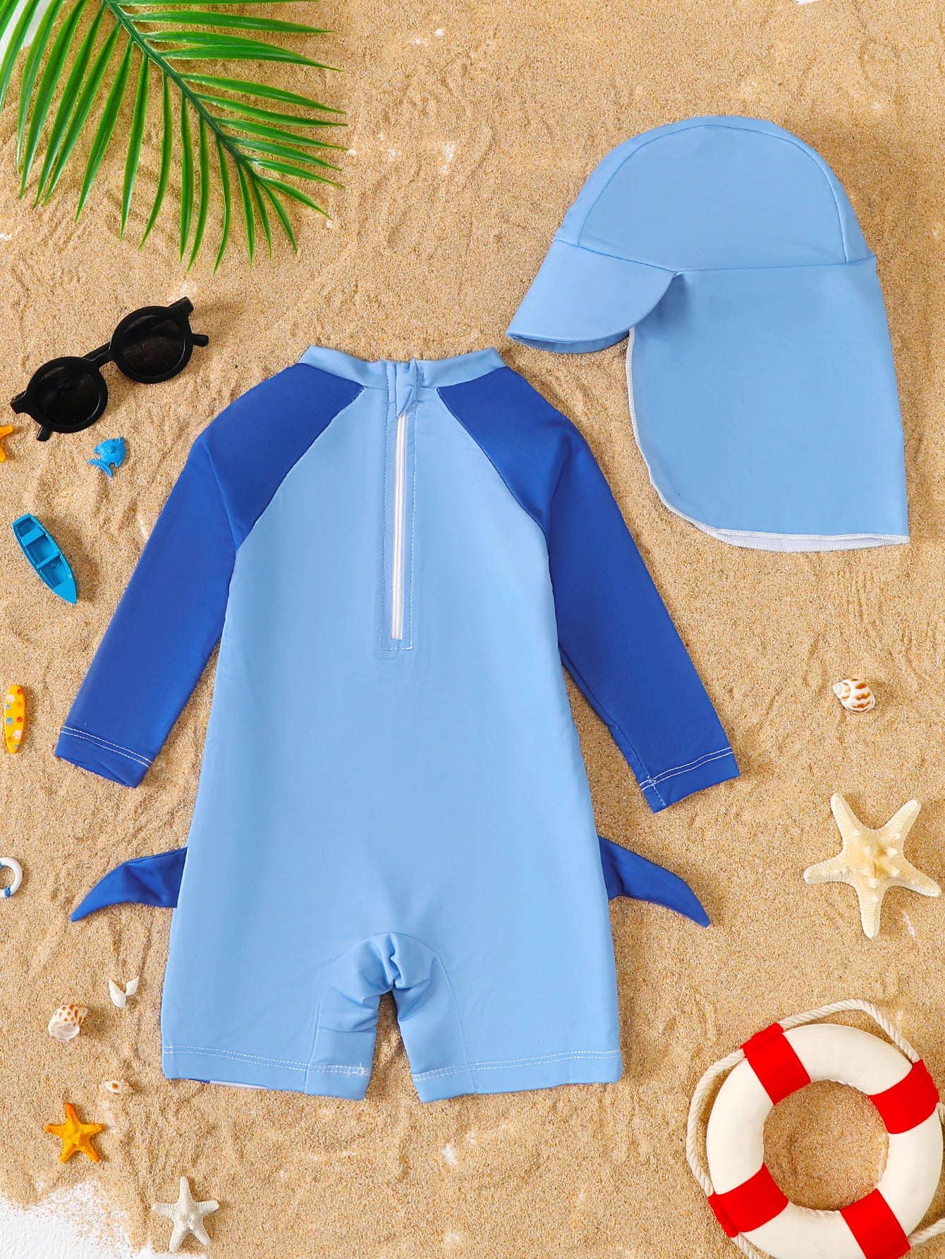Baby Boy Summer Shark Print Long Sleeve Onesie Swimsuit with Hat Infant Swimwear Cover-up Clothing Accessory - Sun Studio