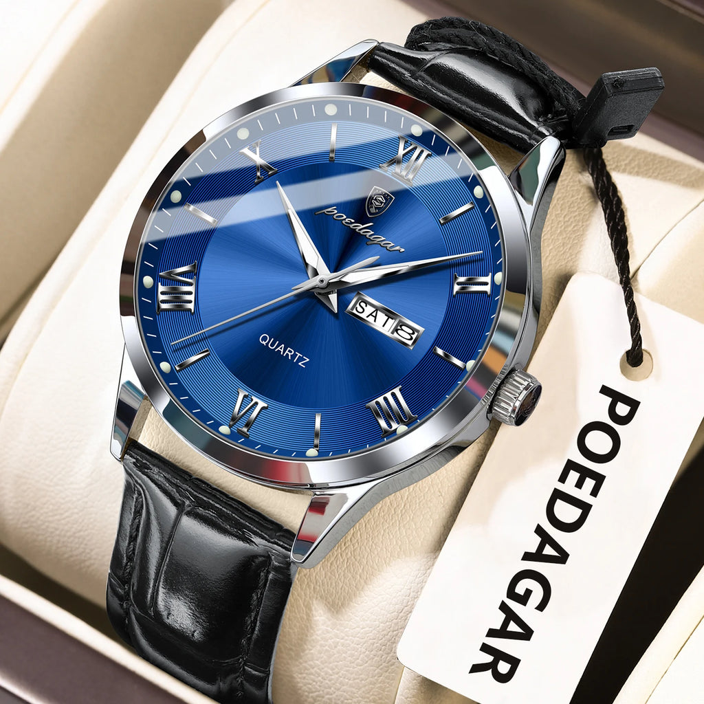 POEDAGAR Classic Luxury Men's Wristwatch Date Week Leather Business Man Watch Waterproof Luminous Fashion Quartz Watches For Men - Sun Studio
