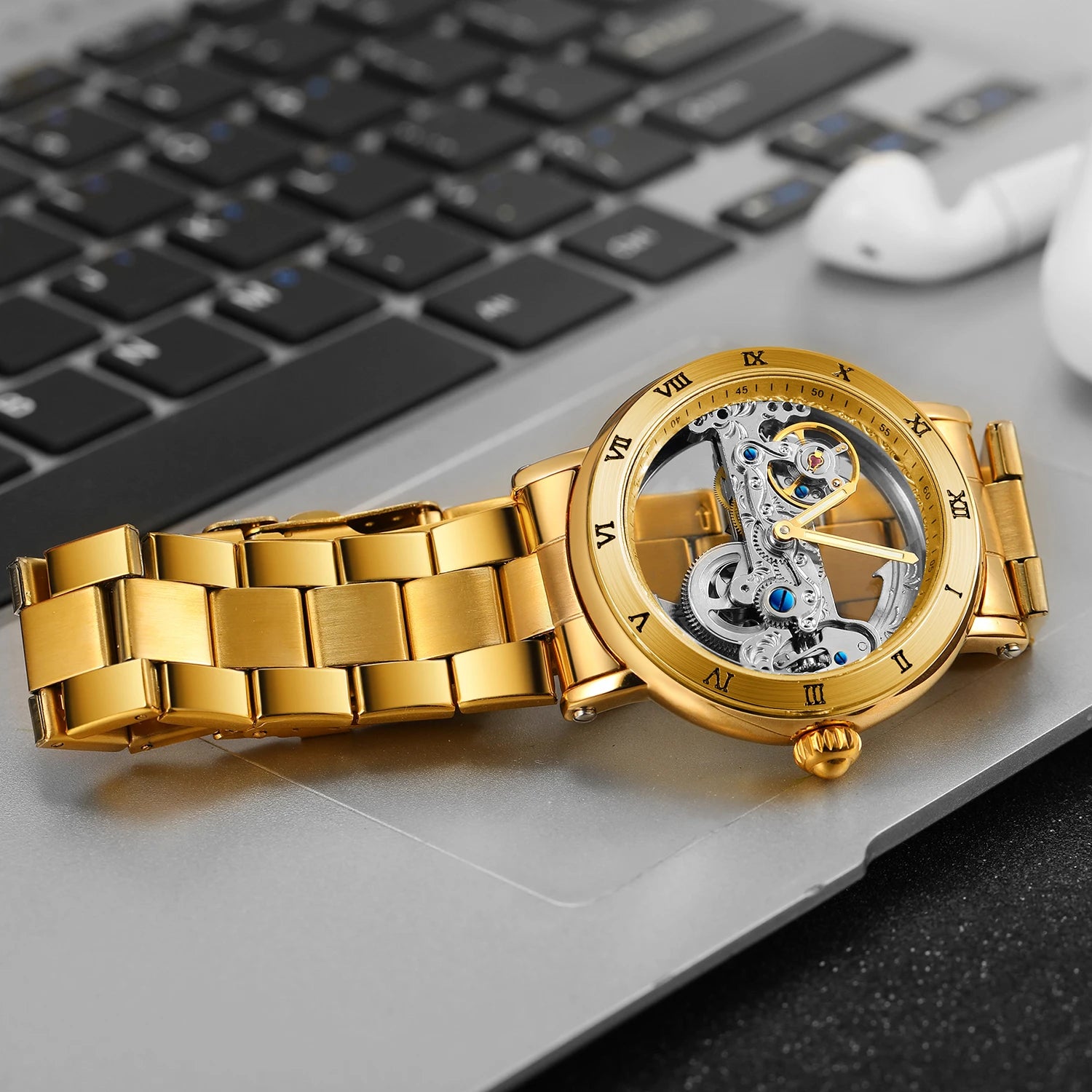 Forsining Silver Skeleton Automatic Watch Men Luminous Hands Business Retro Golden Bridge Mechanical Watches Steel Leather Strap - Sun Studio