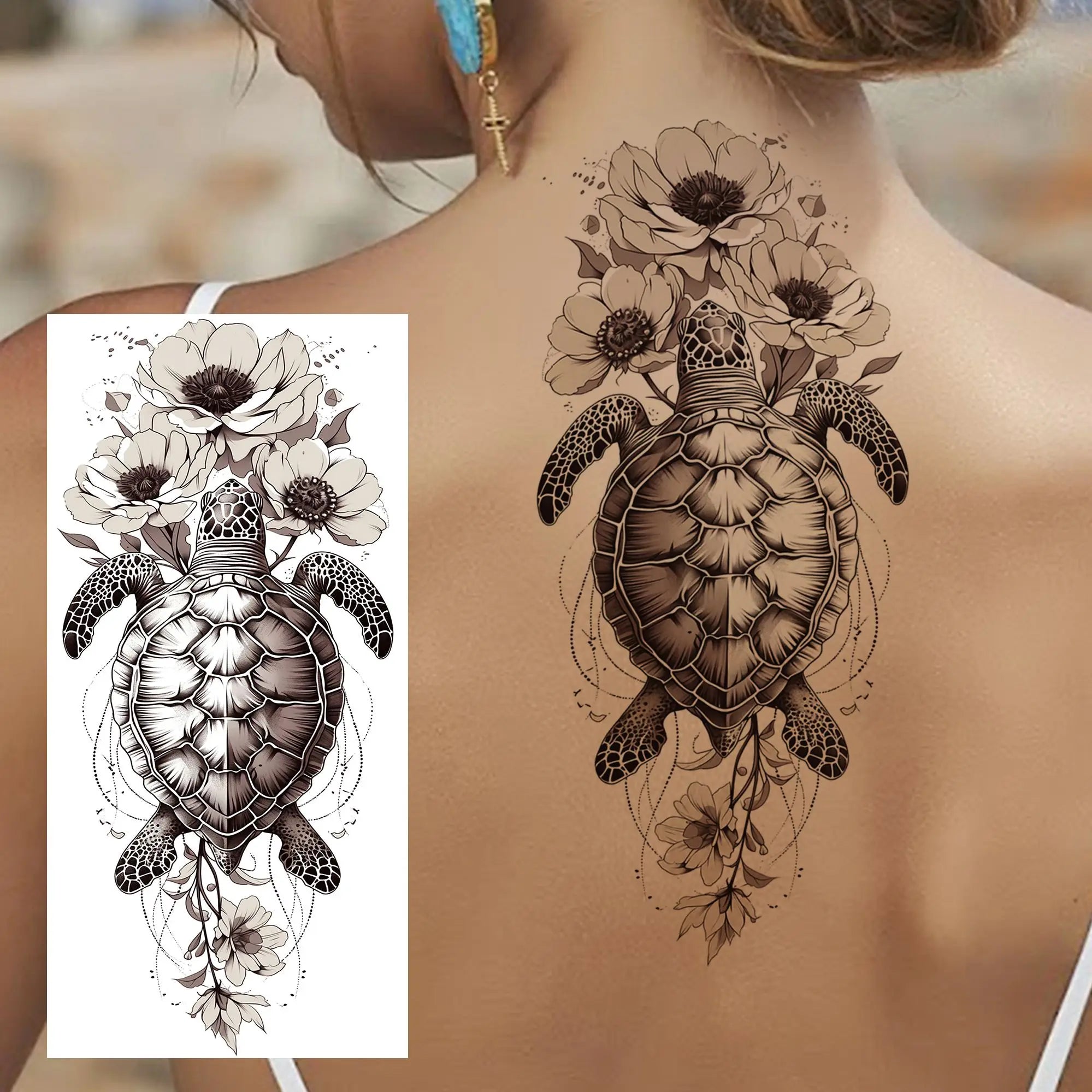 1 Blatt Schönes Schildkröte mit Blumen Temporäre Tattoos Elefant Löwe Tattoos Wasserdicht Realistische Tiere Fake Tattoos Aufkleber